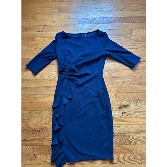 Navy Ruched Ruffle Trim Slit Hem Dress Size Small - Picture 3 of 3